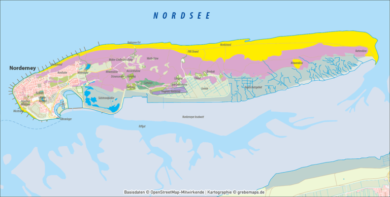 Norderney Inselkarte mit Gebäuden Vektorkarte - grebemaps® Kartographie