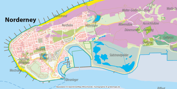 Norderney Inselkarte mit Gebäuden Vektorkarte - grebemaps® Kartographie