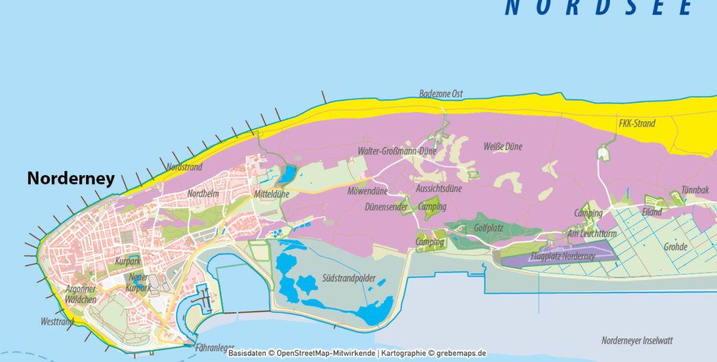 Norderney Inselkarte mit Gebäuden Vektorkarte - grebemaps® Kartographie