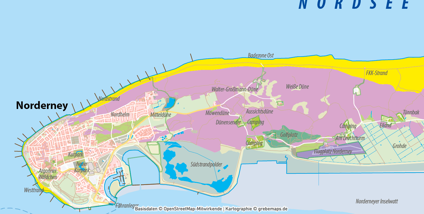 Norderney Inselkarte mit Gebäuden Vektorkarte, Karte Norderney, Inselkarte Norderney mit Gebäuden, Vektorkarte Norderney, Übersichtskarte Norderney, AI, editierbar