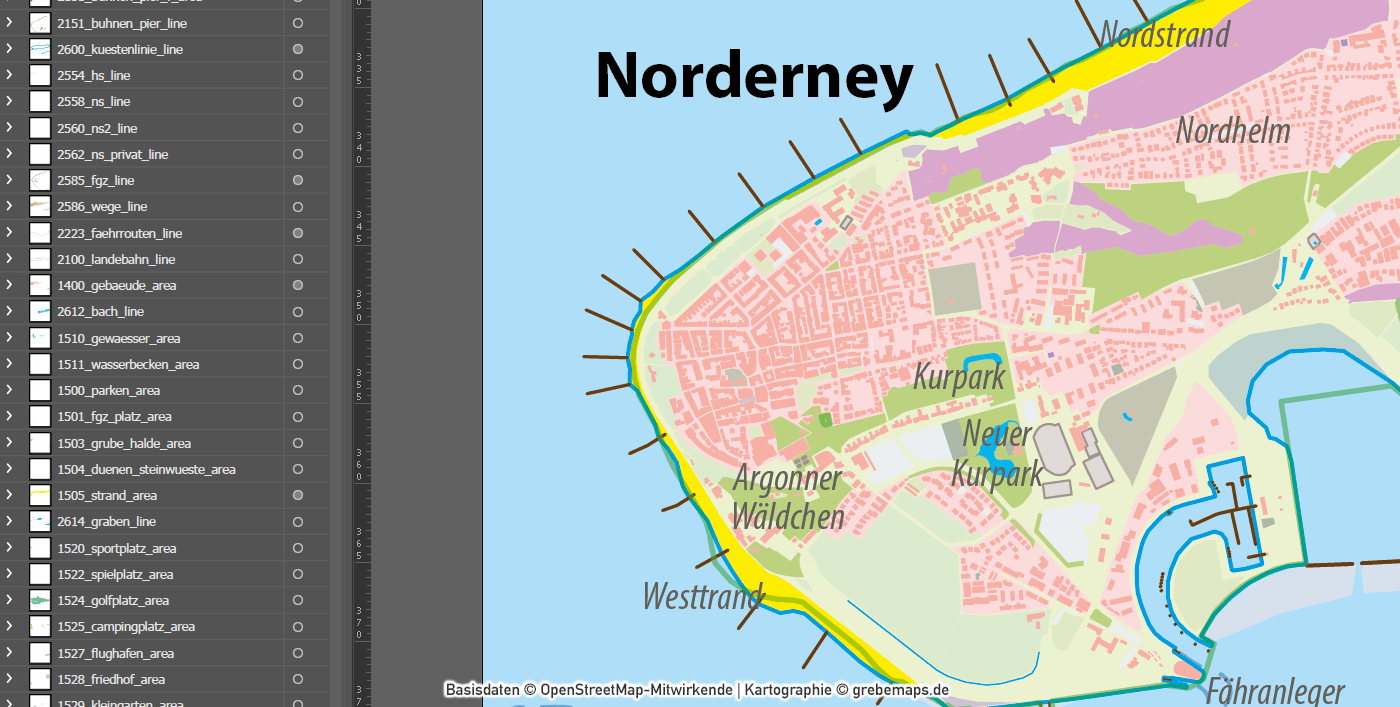 Norderney Inselkarte mit Gebäuden Vektorkarte, Karte Norderney, Inselkarte Norderney mit Gebäuden, Vektorkarte Norderney, Übersichtskarte Norderney, AI, editierbar