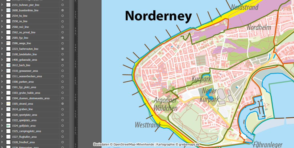 Norderney Inselkarte mit Gebäuden Vektorkarte - grebemaps® Kartographie