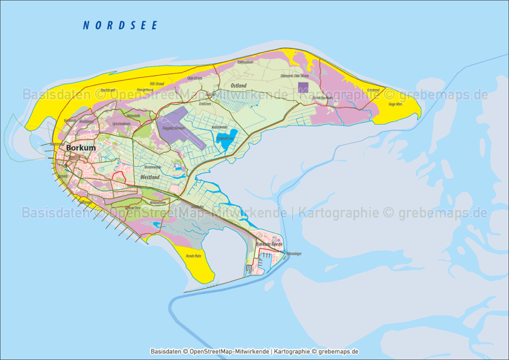 Borkum Inselkarte mit Gebäuden Vektorkarte - grebemaps® Kartographie