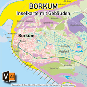Borkum Inselkarte mit Gebäuden Vektorkarte - grebemaps® Kartographie