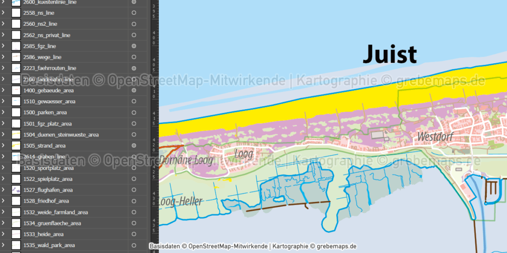 Juist Inselkarte mit Gebäuden Vektorkarte - grebemaps® Kartographie