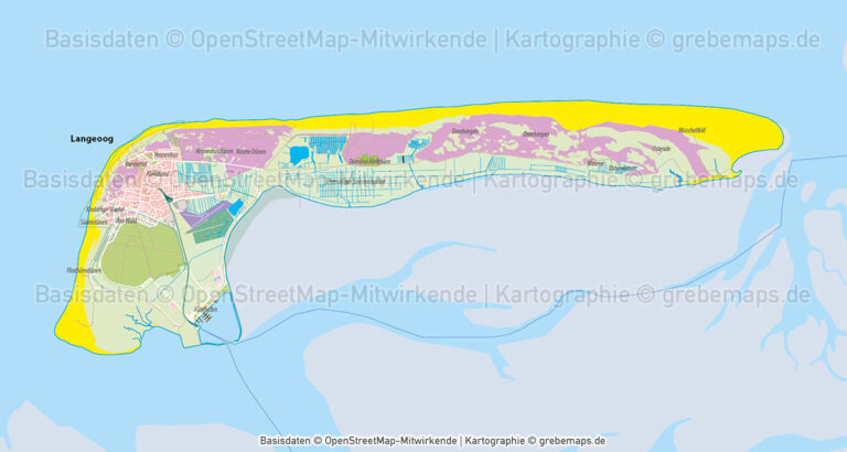 Langeoog Inselkarte mit Gebäuden Vektorkarte - grebemaps® Kartographie