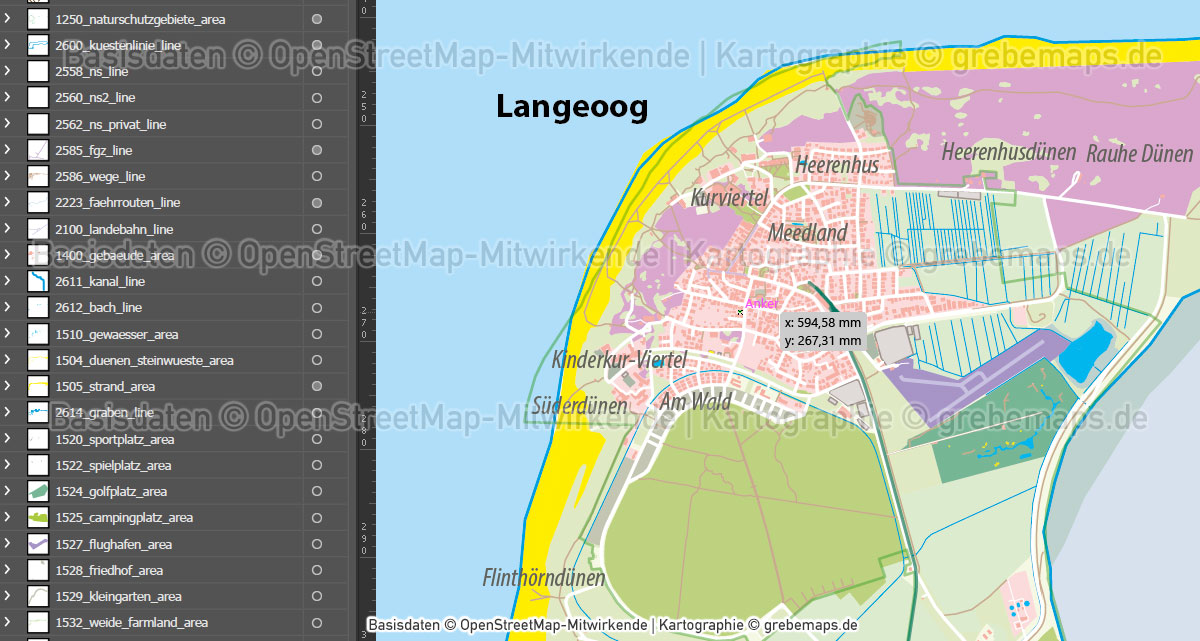 Langeoog Inselkarte mit Gebäuden Vektorkarte - grebemaps® Kartographie