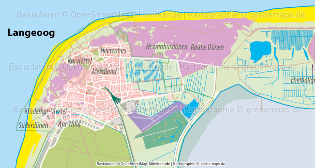 Langeoog Inselkarte mit Gebäuden Vektorkarte - grebemaps® Kartographie