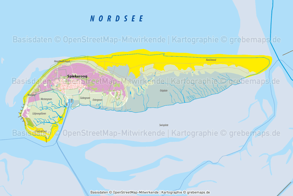 Spiekeroog Inselkarte mit Gebäuden Vektorkarte - grebemaps® Kartographie