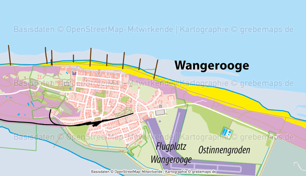 Wangerooge Inselkarte mit Gebäuden Vektorkarte - grebemaps® Kartographie