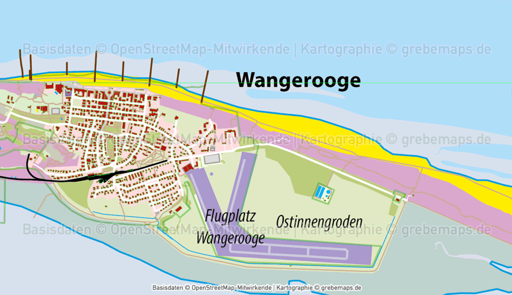 Wangerooge Inselkarte mit Gebäuden Vektorkarte - grebemaps® Kartographie