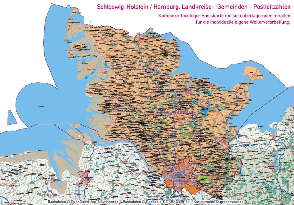 Schleswig-Holstein Hamburg Vektorkarte Gemeinden Landkreise