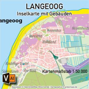 Langeoog Inselkarte mit Gebäuden Vektorkarte - grebemaps® Kartographie