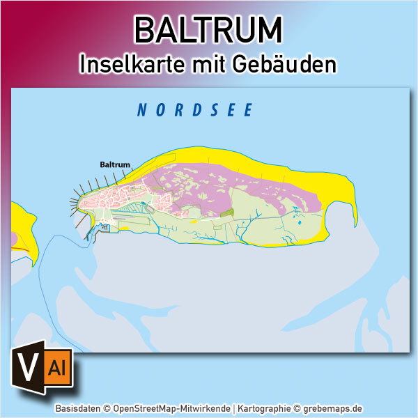 Baltrum Inselkarte mit Gebäuden Vektorkarte