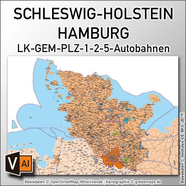 Schleswig-Holstein Hamburg Vektorkarte Gemeinden Landkreise Postleitzahlen PLZ-1-2-5 Autobahnen (2020)