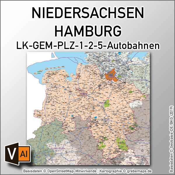 Niedersachsen Hamburg Vektorkarte Gemeinden Landkreise Postleitzahlen PLZ-1-2-5 Autobahnen (2020)