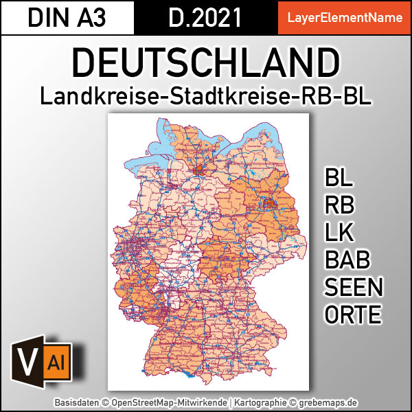 Deutschland Vektorkarte Landkreise Stadtkreise Bundesländer Regierungsbezirke Autobahnen Basiskarte (2021)