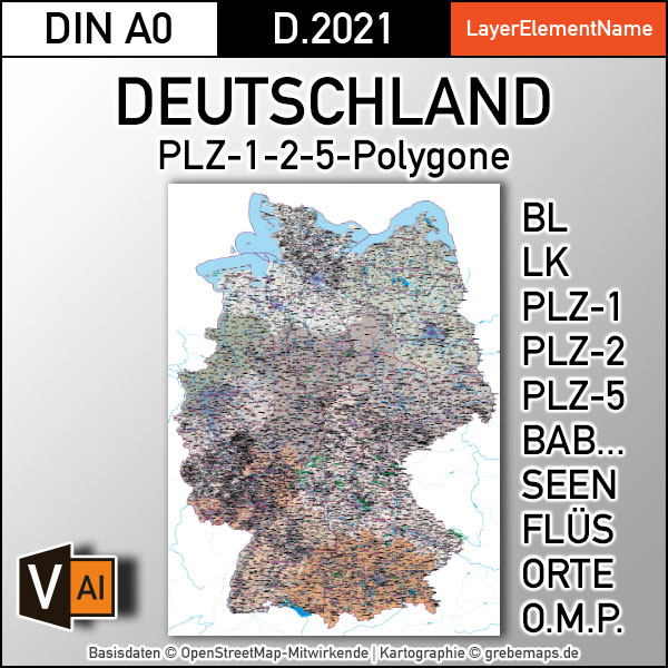 Deutschland Postleitzahlen Karte PLZ-1-2-5 (1-/2-/5-stellig) mit Landkreisen Bundesländern Autobahnen Gewässer Ortsnamen Vektorkarte (2021)