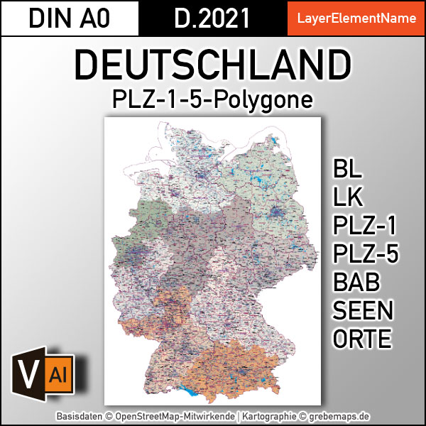 Deutschland Postleitzahlenkarte PLZ-1-5 (1-/5-stellig) mit Landkreisen Bundesländern Autobahnen Ortsnamen Vektorkarte (2021)