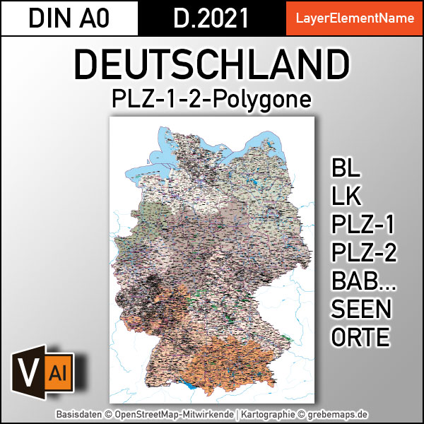 Deutschland Postleitzahlenkarte PLZ-1-2 (1-/2-stellig) mit Landkreisen Bundesländern Autobahnen Orte Vektorkarte (2021)