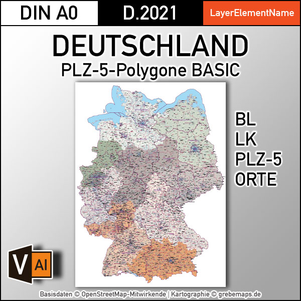 Deutschland Postleitzahlen Karte PLZ-5 BASIC (5-stellig) mit Landkreisen Bundesländern Ortsnamen Vektorkarte (2021)