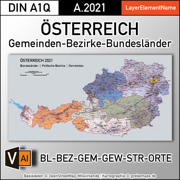 Österreich Austria Vektorkarte Bundesländer Bezirke Gemeinden Autobahnen (2021)