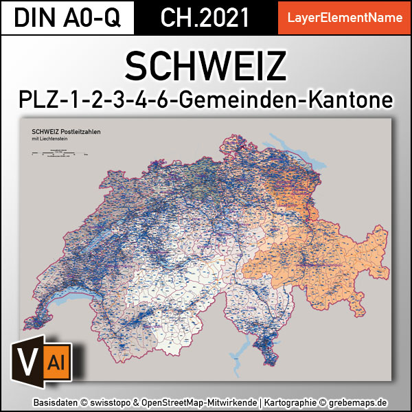Schweiz Vektorkarte Postleitzahlen PLZ-1-2-3-4-6 Kantone Gemeinden (2021)