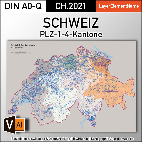 Schweiz Vektorkarte Postleitzahlen PLZ-1-4 Kantone (2021)