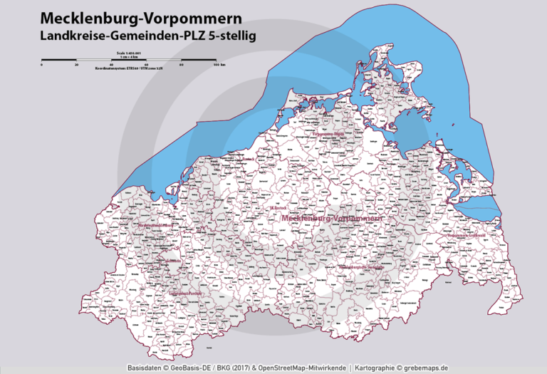 Mecklenburg-Vorpommern Vektorkarte Landkreise Gemeinden Postleitzahlen PLZ-5
