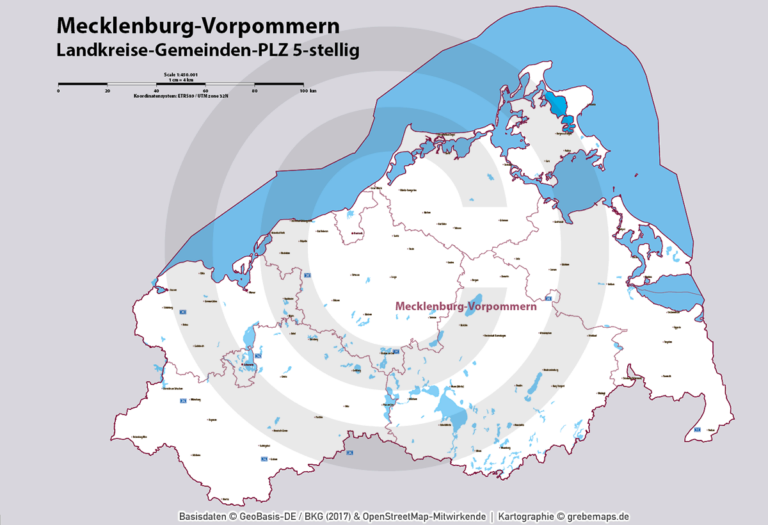 Mecklenburg-Vorpommern Vektorkarte Landkreise Gemeinden Postleitzahlen