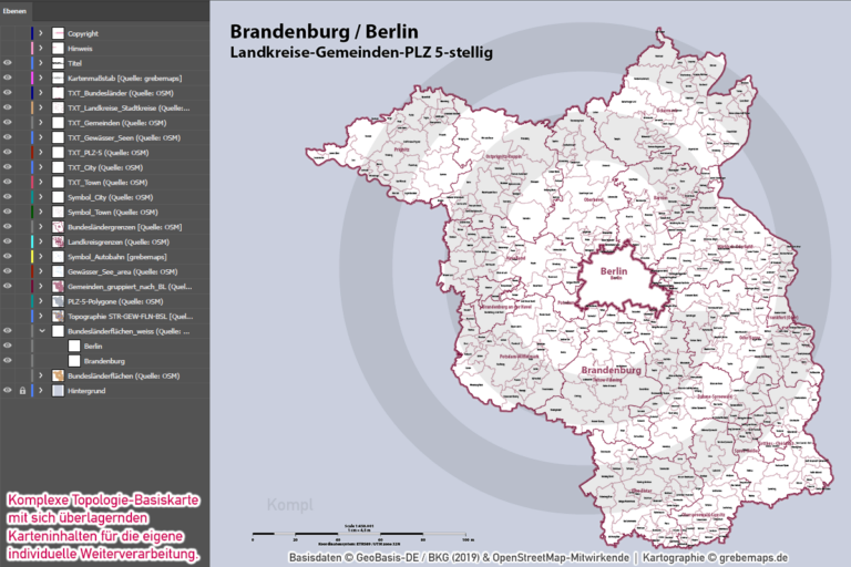 Brandenburg Berlin Vektorkarte Landkreise Gemeinden Postleitzahlen PLZ-5