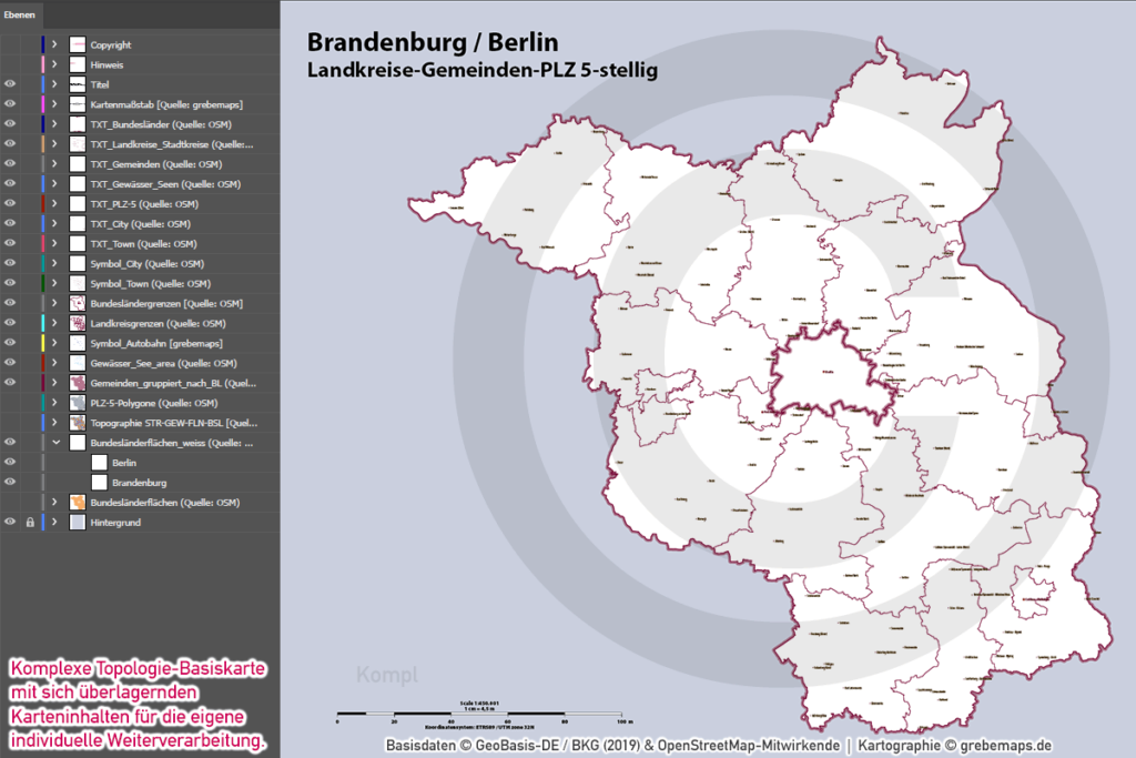 Brandenburg Berlin Vektorkarte Landkreise Gemeinden Postleitzahlen PLZ5