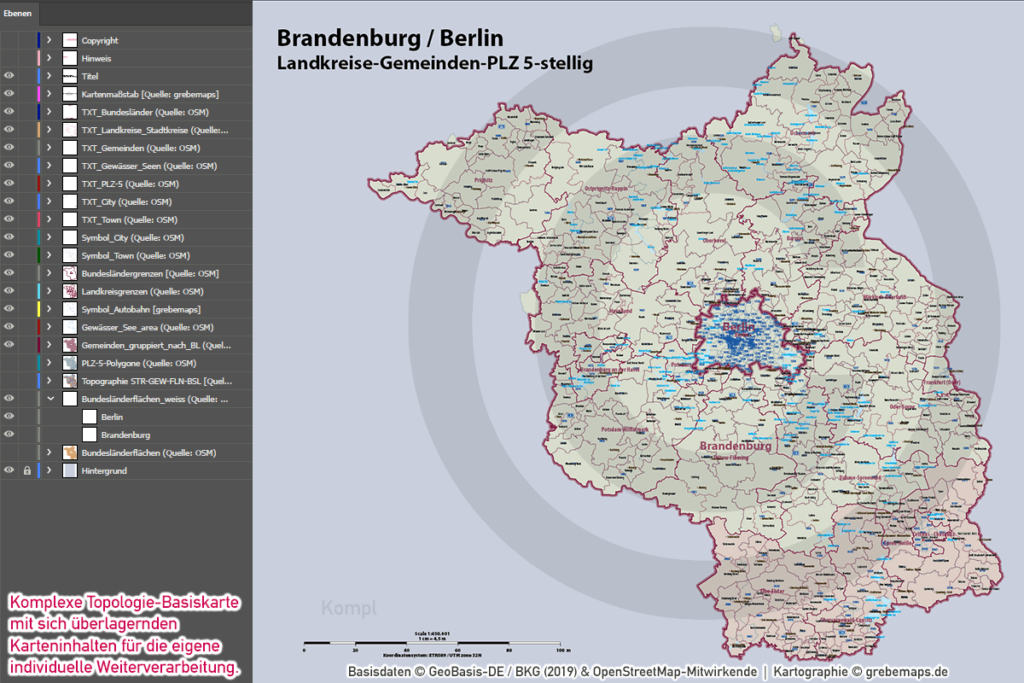 Brandenburg Berlin Vektorkarte Landkreise Gemeinden Postleitzahlen PLZ5