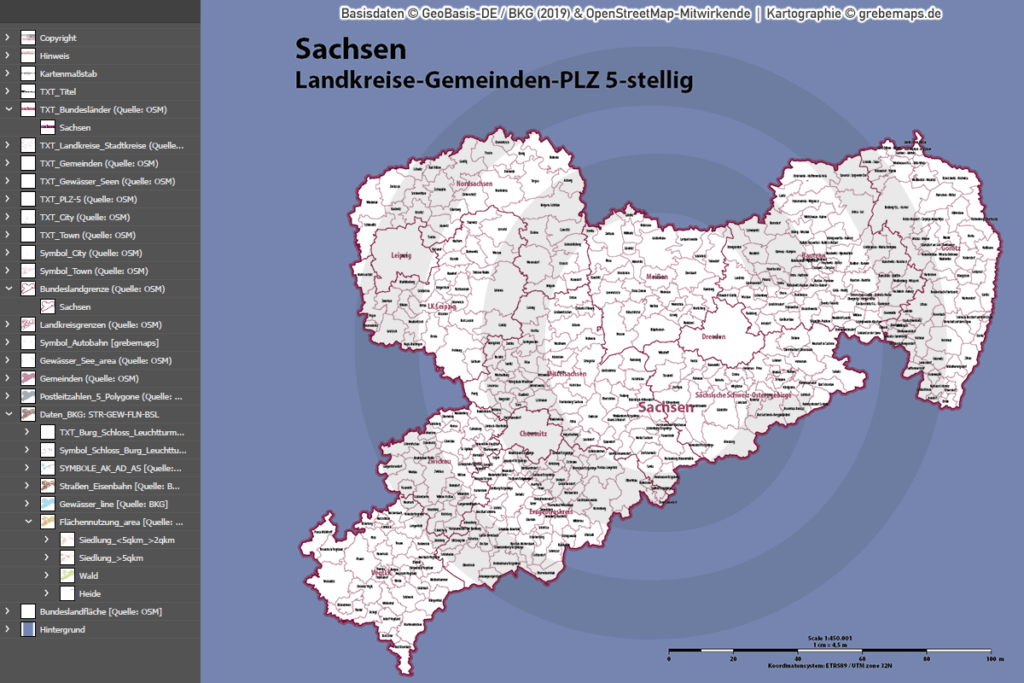 Sachsen Vektorkarte Landkreise Gemeinden Postleitzahlen PLZ-5