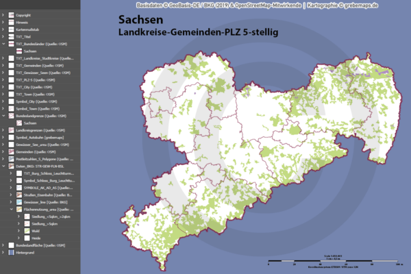 Sachsen Vektorkarte Landkreise Gemeinden Postleitzahlen PLZ-5