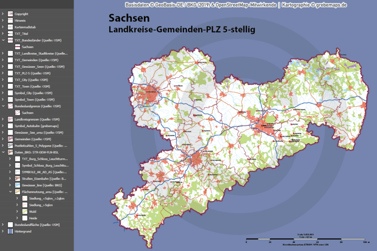 Sachsen Vektorkarte Landkreise Gemeinden Postleitzahlen PLZ-5