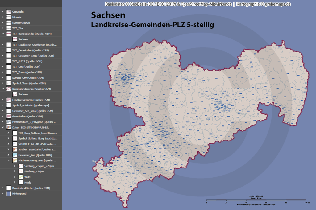 Sachsen Vektorkarte Landkreise Gemeinden Postleitzahlen PLZ-5