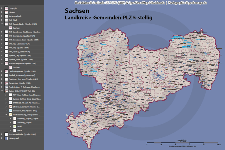 Sachsen Vektorkarte Landkreise Gemeinden Postleitzahlen PLZ-5