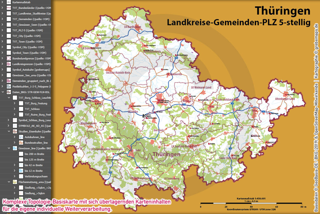 Thüringen Vektorkarte Landkreise Gemeinden Postleitzahlen PLZ-5