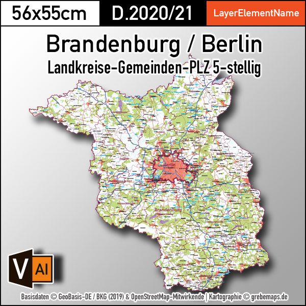 Brandenburg Berlin Vektorkarte Landkreise Gemeinden Postleitzahlen PLZ-5 (2020/21)