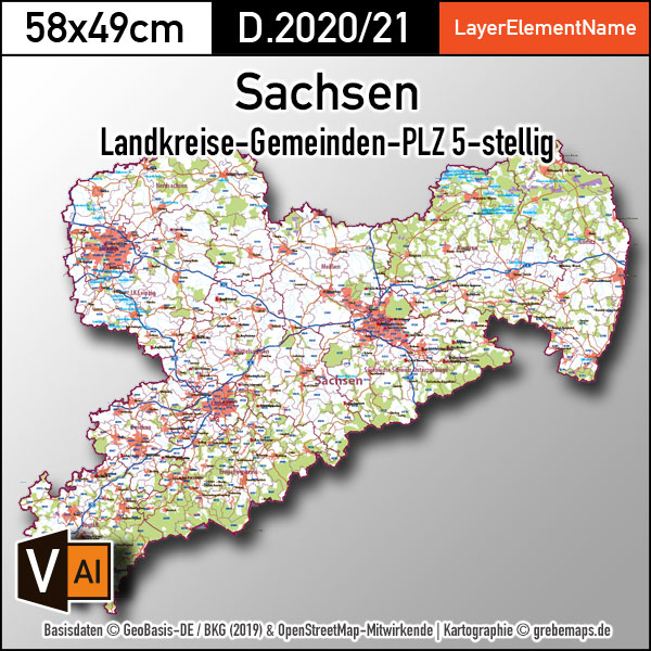 Sachsen Vektorkarte Landkreise Gemeinden Postleitzahlen PLZ-5 (2020/21)