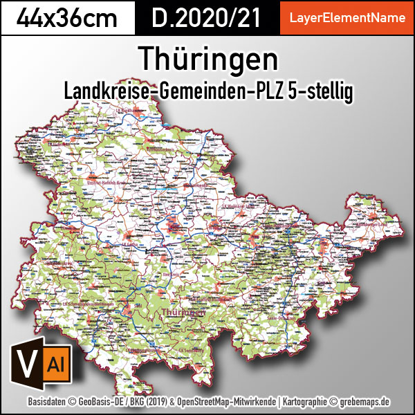 Thüringen Vektorkarte Landkreise Gemeinden Postleitzahlen PLZ-5 (2020/21)