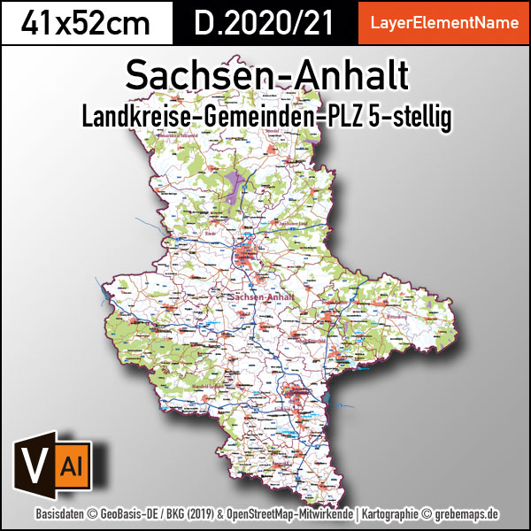 Sachsen-Anhalt Vektorkarte Landkreise Gemeinden Postleitzahlen PLZ-5 (2020/21)