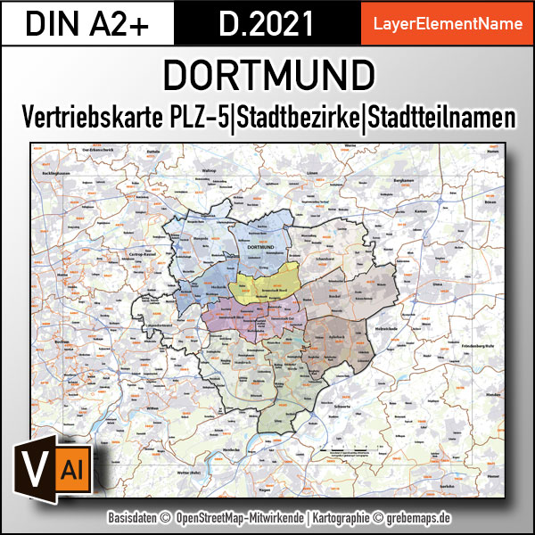 Dortmund Vertriebskarte Postleitzahlen PLZ-5 Stadtbezirke Stadtteilnamen Vektorkarte