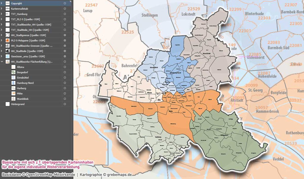 Hamburg Basiskarte Postleitzahlen PLZ-5 Stadtbezirke Stadtteile Vektorkarte