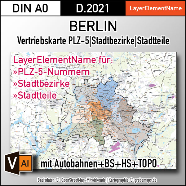 Berlin und Umgebung Vertriebskarte Postleitzahlen PLZ-5 Stadtbezirke Stadtteile Vektorkarte