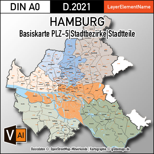 Hamburg Basiskarte Postleitzahlen PLZ-5 Stadtbezirke Stadtteile Vektorkarte