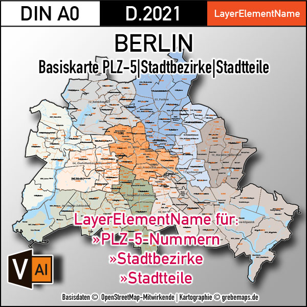 Berlin Basiskarte Postleitzahlen PLZ-5 Stadtbezirke Stadtteile Vektorkarte