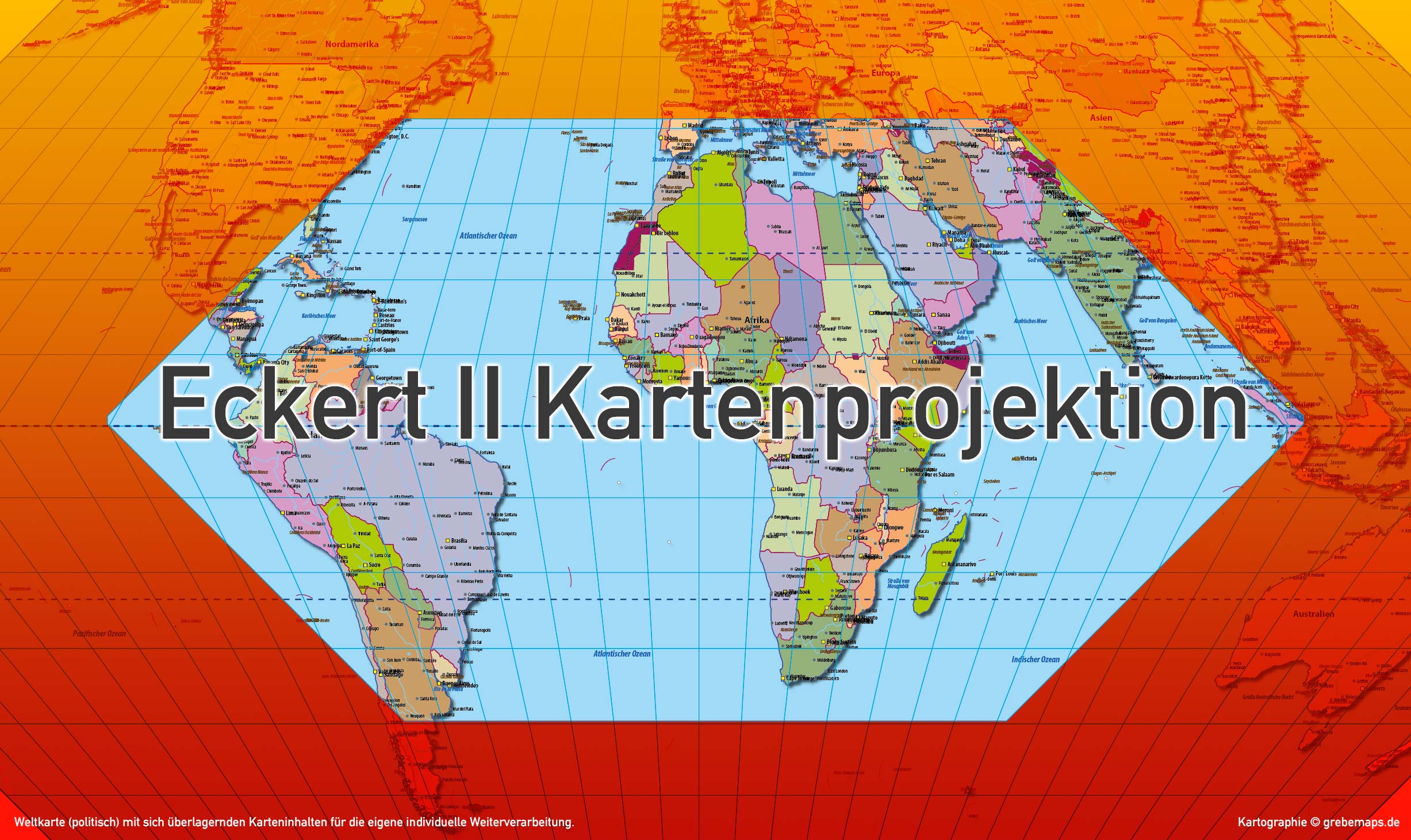 Weltkarte politisch - Eckert II Kartenprojektion - ebenen-separierte editierbare Vektorkarte für Illustrator zum Download, Weltkarte politisch Vektor-Download Eckert II, Weltkarte zum bearbeiten