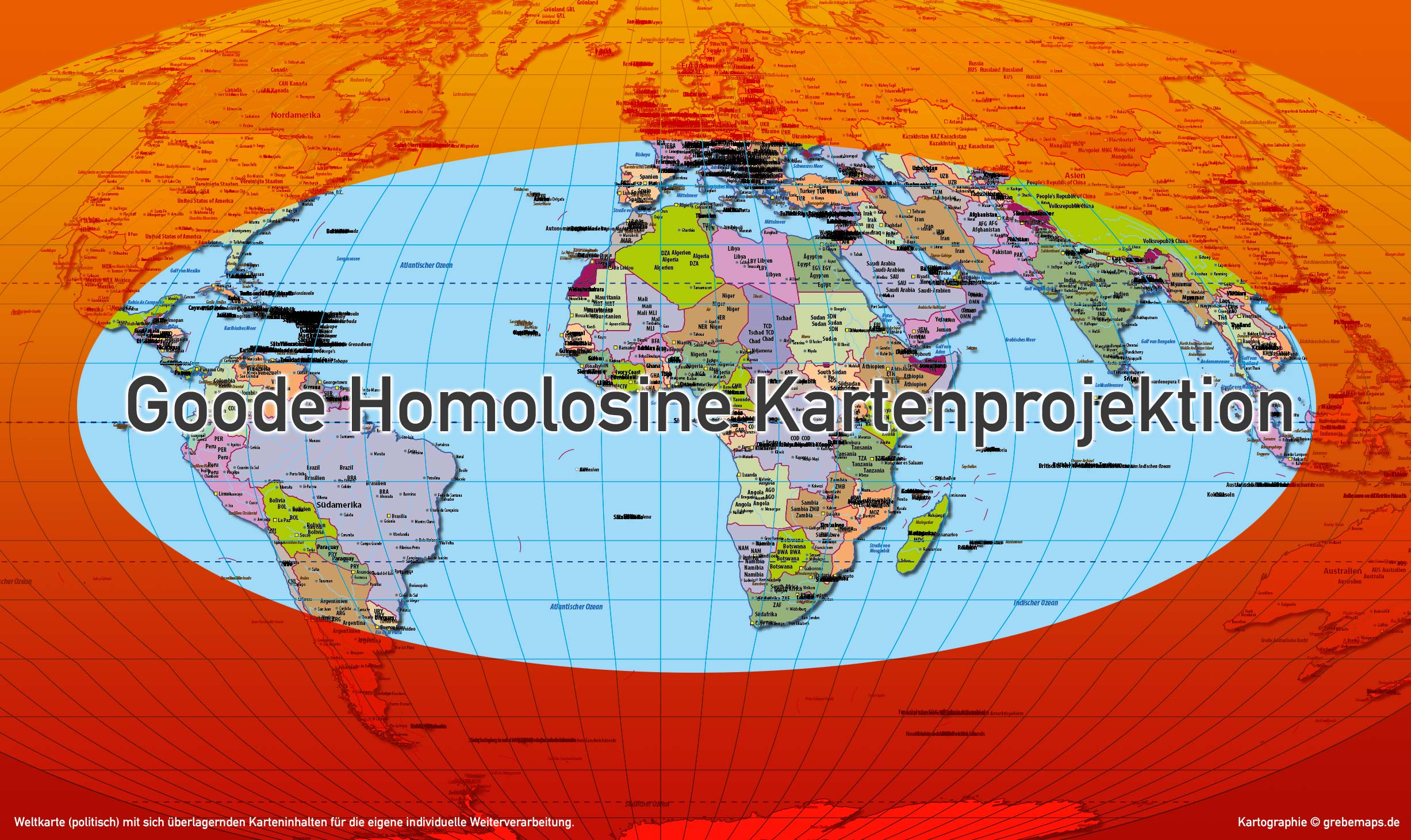 Weltkarte politisch - Goode Homolosine Kartenprojektion - ebenen-separierte editierbare Vektorkarte für Illustrator zum Download, Weltkarte politisch Vektor-Download, Vektorgrafik, Kartengrafik Welt, Weltkarte bearbeitbar, Weltkarte zum bearbeiten, Weltkarte Landflächen, Weltkarte Länder
